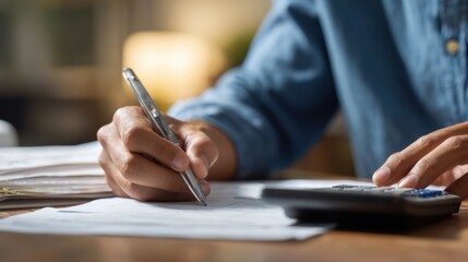 The focused hand writing notes while calculating expenses on a desk.