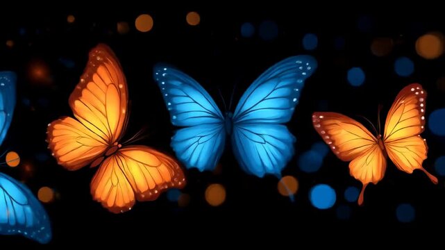 Seamless Looping Animation of Blue and Orange Butterflies on a Dark Background with Bokeh Lights