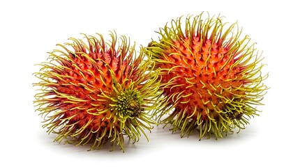 Two fresh rambutan fruits with spiky red and green skin on a white background