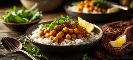 The vibrant chickpea curry served over fluffy rice with fresh herbs.