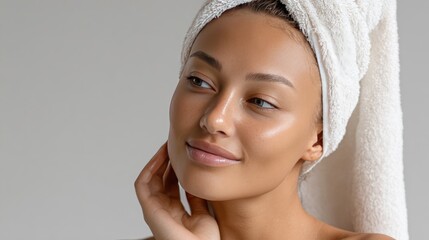 Close-up of a woman applying facial cream, smiling with eyes closed, radiating confidence and relaxation after a refreshing wash