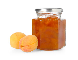 Tasty apricot jam in jar and fresh fruits isolated on white