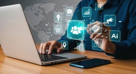 Fototapeta premium Digital Marketing Professional Navigating Online Tools and Social Media Engagement on a Laptop