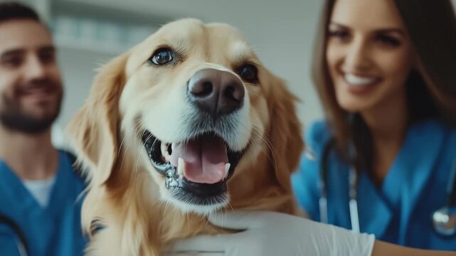 A close-up shot happy golden retriever at veterinary clinic, being held by vet staff wearing protective gloves, scrubs, indicating health check-up, supportive animal-care environment