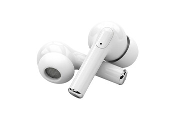 White wireless earbuds headphones audio technology music listening device for mobile phone and gadget accessories isolated on transparent background