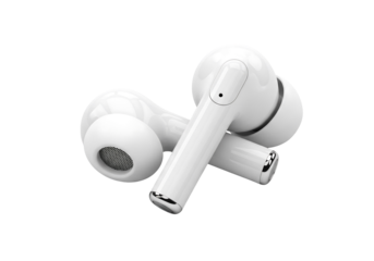 White wireless earbuds headphones audio technology music listening device for mobile phone and gadget accessories isolated on transparent background