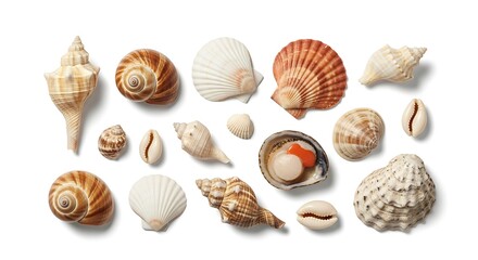 A diverse collection of various seashells and marine life isolated on a white background.