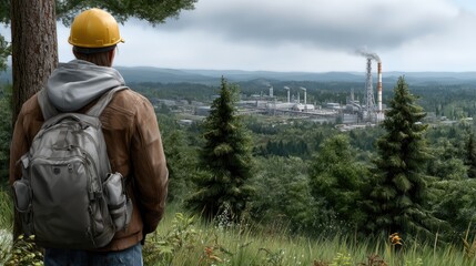 A man with a backpack surveys the haunting remains of a power plant under a gloomy sky, evoking feelings of isolation and dread.