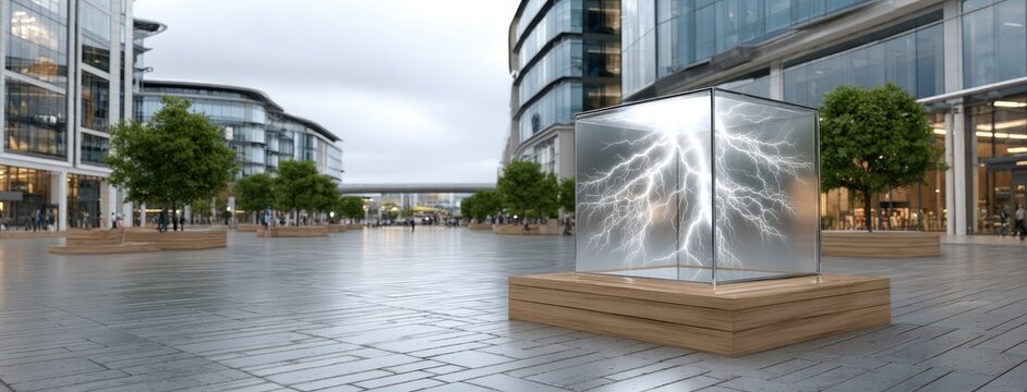 A transparent box on the street radiates glowing lightning designs, enhancing the warmth of the urban landscape at night