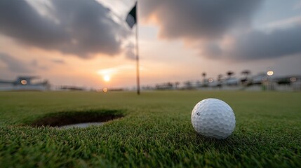 Golf ball positioned near the hole on green grass during sunset, offering ample space for customization and branding opportunities