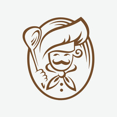 Vintage Chef Mascot Vector Logo. Retro Restaurant Emblem with Spoon. Cartoon Cook Character with a Mustache and Toque