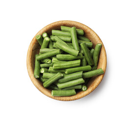 Pieces of fresh pea pods in bowl isolated on white, top view