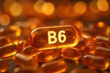 Bright orange vitamin B6 capsule surrounded by smaller orange capsules, highlighting health benefits and nutrition