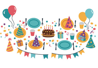 Festive Birthday Party Table Setting with Cake and Decorations