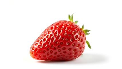 A ripe strawberry sits isolated on a pure white background, showcasing its vibrant color and freshness.