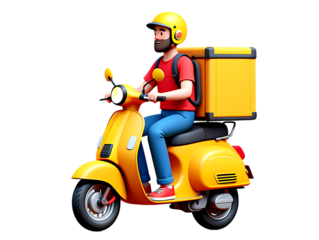 Smiling 3D Cartoon Delivery Man on a Bright Yellow Scooter with a Large Box