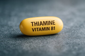 Bright yellow thiamine vitamin B1 capsule displayed on a gray surface, emphasizing the importance of this essential nutrient for health and well-being