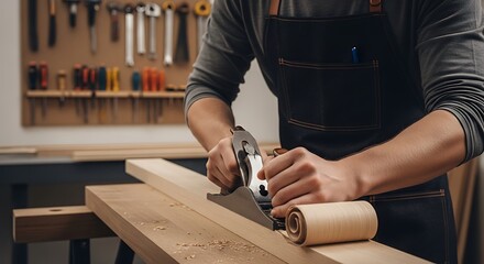 Professional Carpenter Shaping Wood Plank with Hand Plane in Workshop