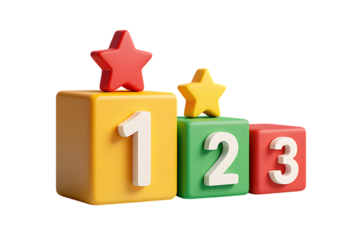 Colorful 3D Podium Blocks with Numbers One Two and Three Topped with Stars for Ranking Success