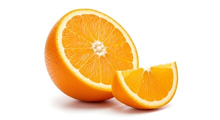 Fresh orange half and slice on white background