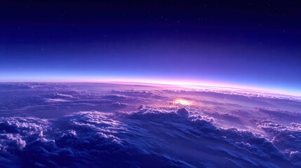Fototapeta premium Stunning Aerial View of Earth's Atmosphere at Sunrise, Featuring Vibrant Colors and Cloud Formations