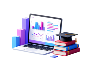 Modern 3D Concept of Education and Data Analytics with Laptop Displaying Charts, Books, and Graduation Cap