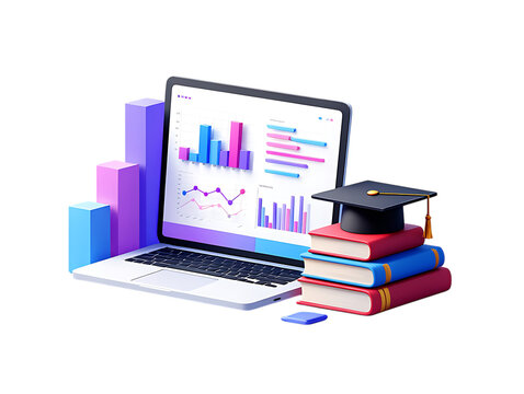 Modern 3D Concept of Education and Data Analytics with Laptop Displaying Charts, Books, and Graduation Cap