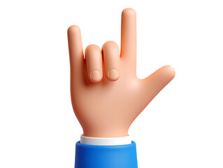 A 3D rendered human hand making the "rock and roll" or "I love you" gesture with index, pinky, and thumb extended