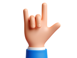 A 3D rendered human hand making the "rock and roll" or "I love you" gesture with index, pinky, and thumb extended