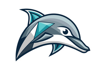 Stylized dolphin head illustration shows bold lines, turquoise accents, and a white background