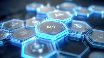 Application Programming Interface Concept: Futuristic Hexagonal Grid with Glowing API Button for Software and IT Solutions