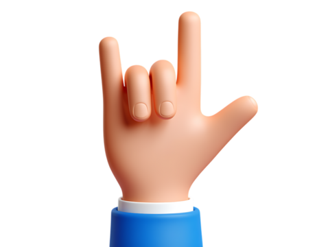 A 3D rendered human hand making the "rock and roll" or "I love you" gesture with index, pinky, and thumb extended