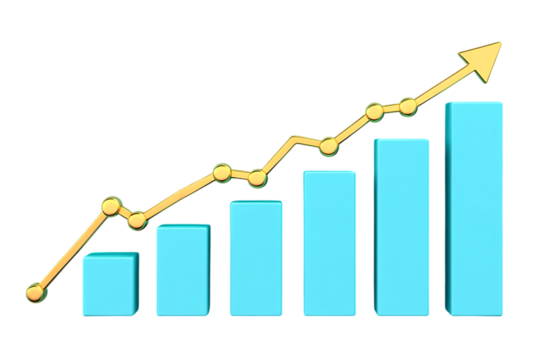 Dynamic 3D Bar Chart with an Ascending Gold Line Graph Illustrating Positive Financial Growth and Business Progress