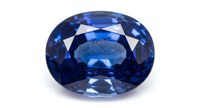 A luxurious deep blue oval-cut faceted sapphire gemstone isolated on a clean white background.