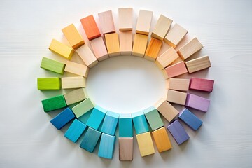 Obraz premium Colorful wooden blocks arranged in a circle on white wooden background