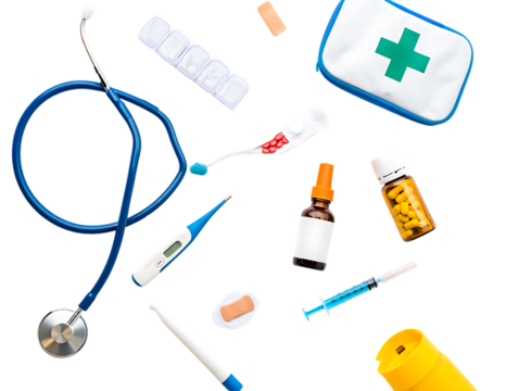 Assortment of Essential Healthcare Tools and Medical Supplies on a Black Background