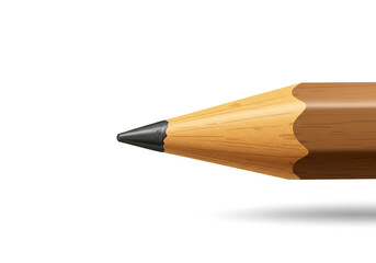 Close up of a sharpened pencil with a graphite tip on a white background with a subtle shadow