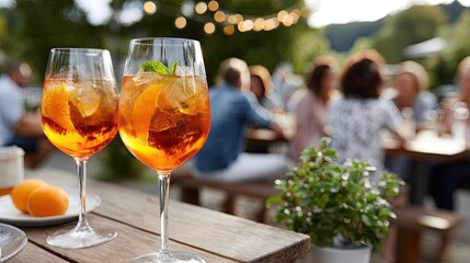 Naklejka premium Two cocktails capture attention on the table while people socialize in the background under warm sunset tones