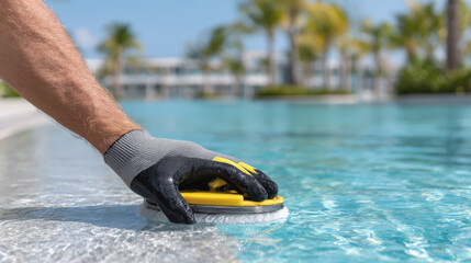 Person uses pool cleaning tool to maintain swimming pool, showcasing sunny day with palm trees background, evoking sense of relaxation