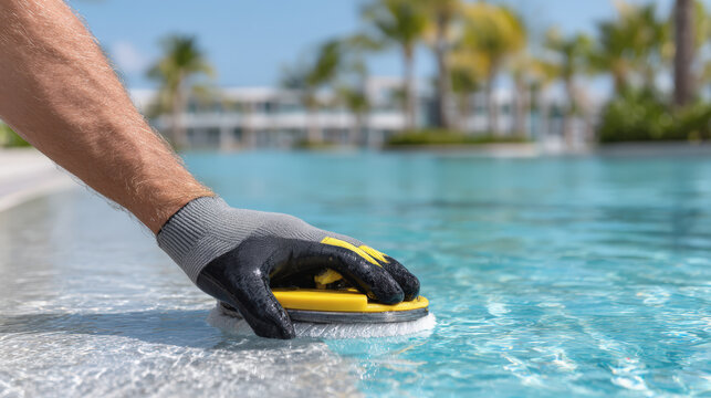 Person uses pool cleaning tool to maintain swimming pool, showcasing sunny day with palm trees background, evoking sense of relaxation