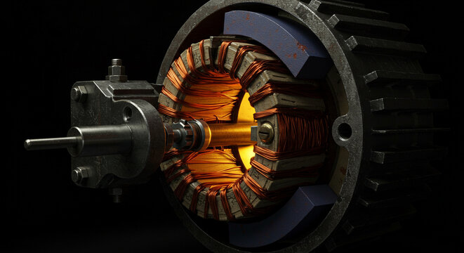 Disassembled Vintage Electric Motor Showing Internal Coils and Magnets