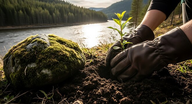 Planting a New Tree Seedling for Reforestation by River, Environmental Conservation Concept