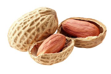 Three peanuts in shells with one open showing the nuts isolated on transparent background