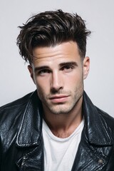 Obraz premium Portrait of a Man with Tousled Hair and Leather Jacket