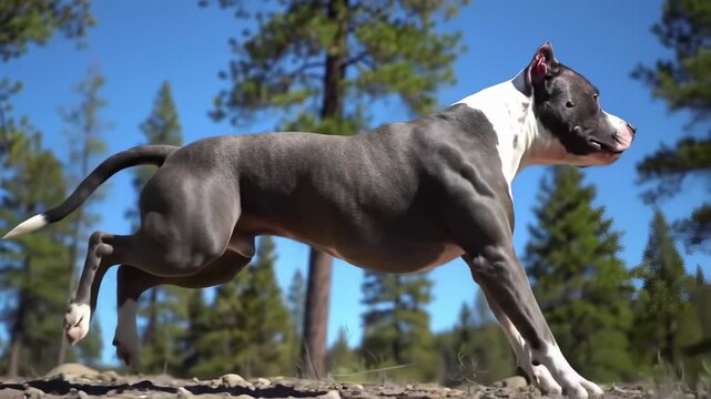 A black and white American Pit Bull Terrier dog jumping high in the air, with sharp focus on the entire body and sharp details. The background features a blue sky and a forest