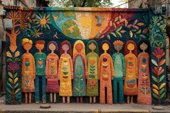 Colorful mural with people, Earth, and symbols of unity, celebration of World Humanitarian Day - Powered by Adobe