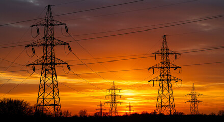 Fototapeta premium Electric Power Lines Stretching Across Sunset Sky – Power Transmission and Resistance