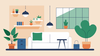 open airy studio apartment plants white decor