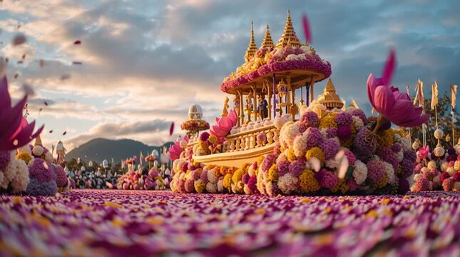 Floral parade float decorated with vibrant flowers and beautiful scenery