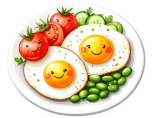 A white plate with eggs, tomatoes, and beans in a cartoon style isolated on transparent backgrund